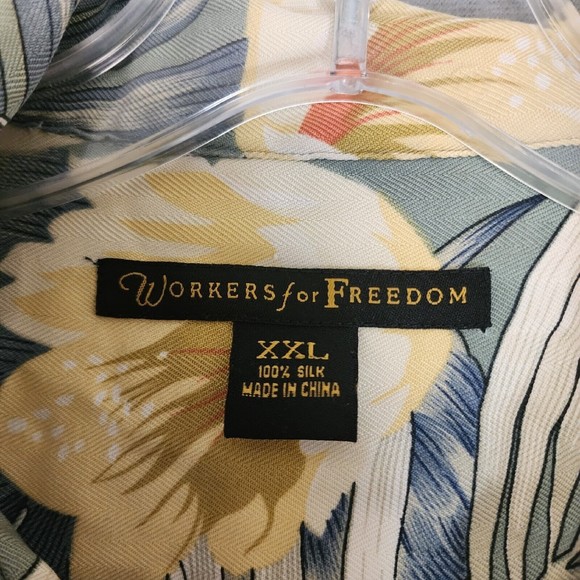 Workers for Freedom Men's Shirt 2XL Blue 100% Silk Shirt Floral Hawaiian - Picture 2 of 15
